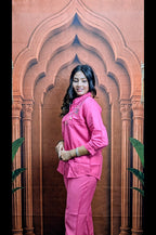 Elegant Pink Co-Ord Set for Women Casual Wear Side View in Premium Vartican Fabric with Embroidery Work