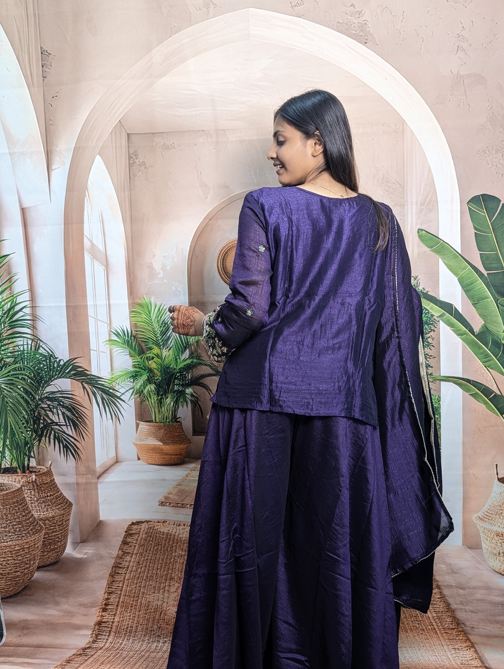 Elegant Purple Vichitra Embroidered Palazzo Suit for Women Back View in Premium Vichitra Fabric Fully Stitched