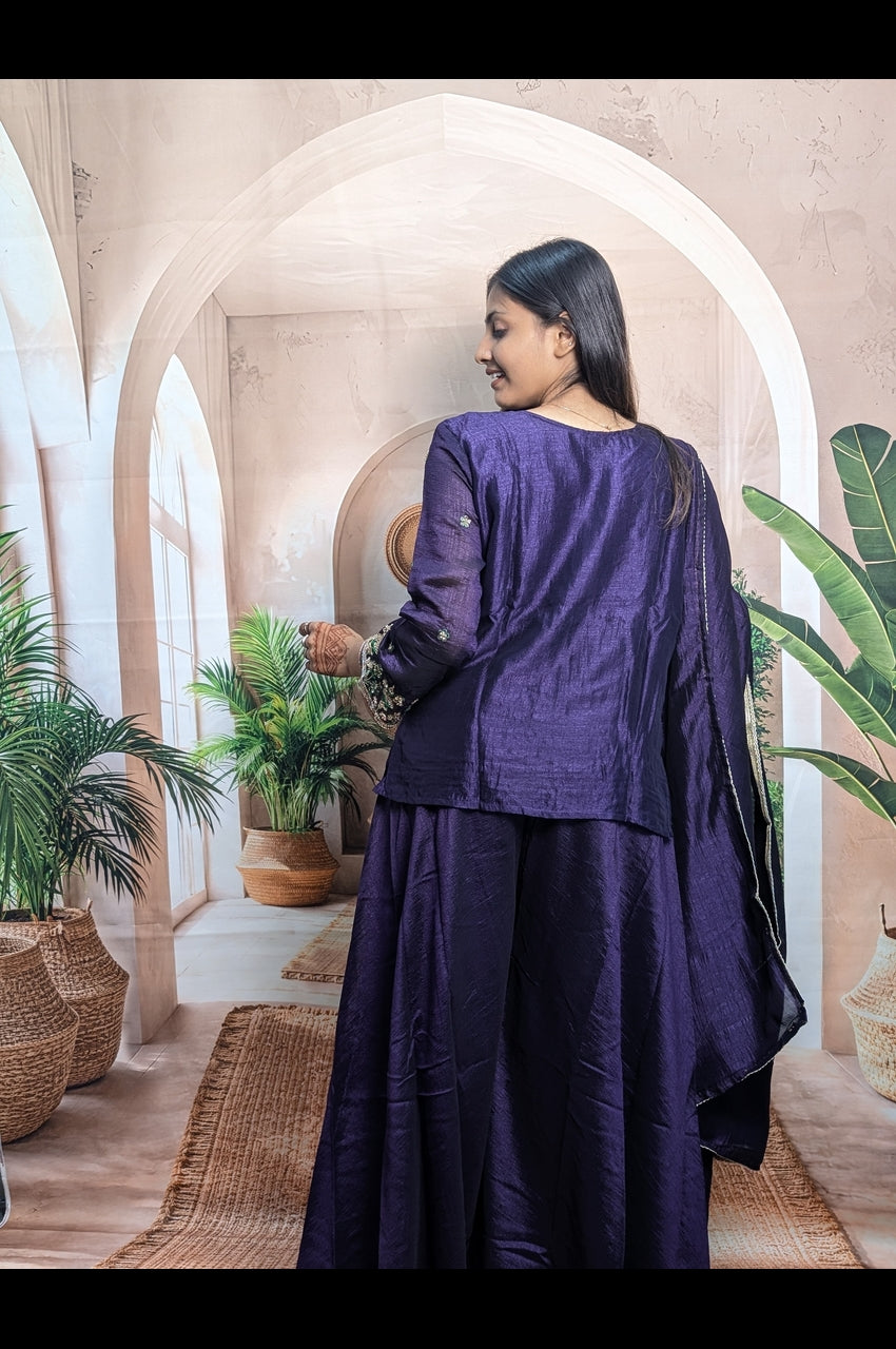 Elegant Purple Vichitra Embroidered Palazzo Suit for Women Back View in Premium Vichitra Fabric Fully Stitched