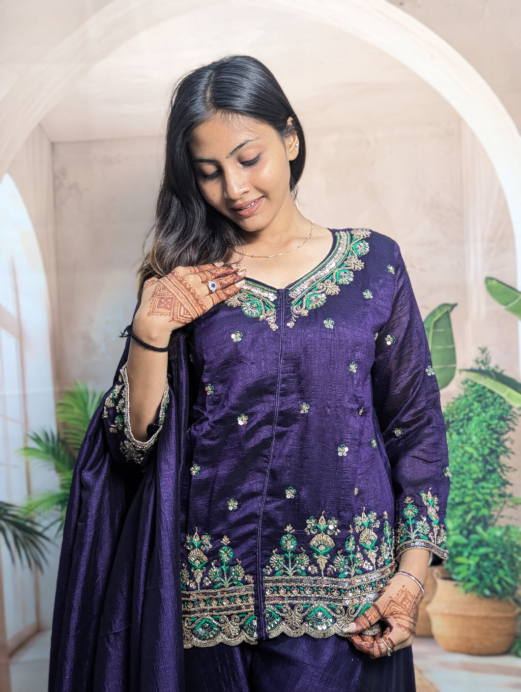 Elegant Purple Vichitra Embroidered Palazzo Suit Close Up Showing Premium Vichitra Fabric and Heavy Beads Work