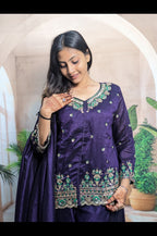 Elegant Purple Vichitra Embroidered Palazzo Suit Close Up Showing Premium Vichitra Fabric and Embroidery Work