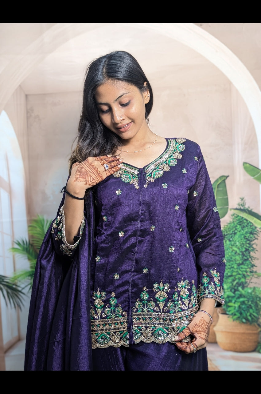 Elegant Purple Vichitra Embroidered Palazzo Suit Close Up Showing Premium Vichitra Fabric and Embroidery Work