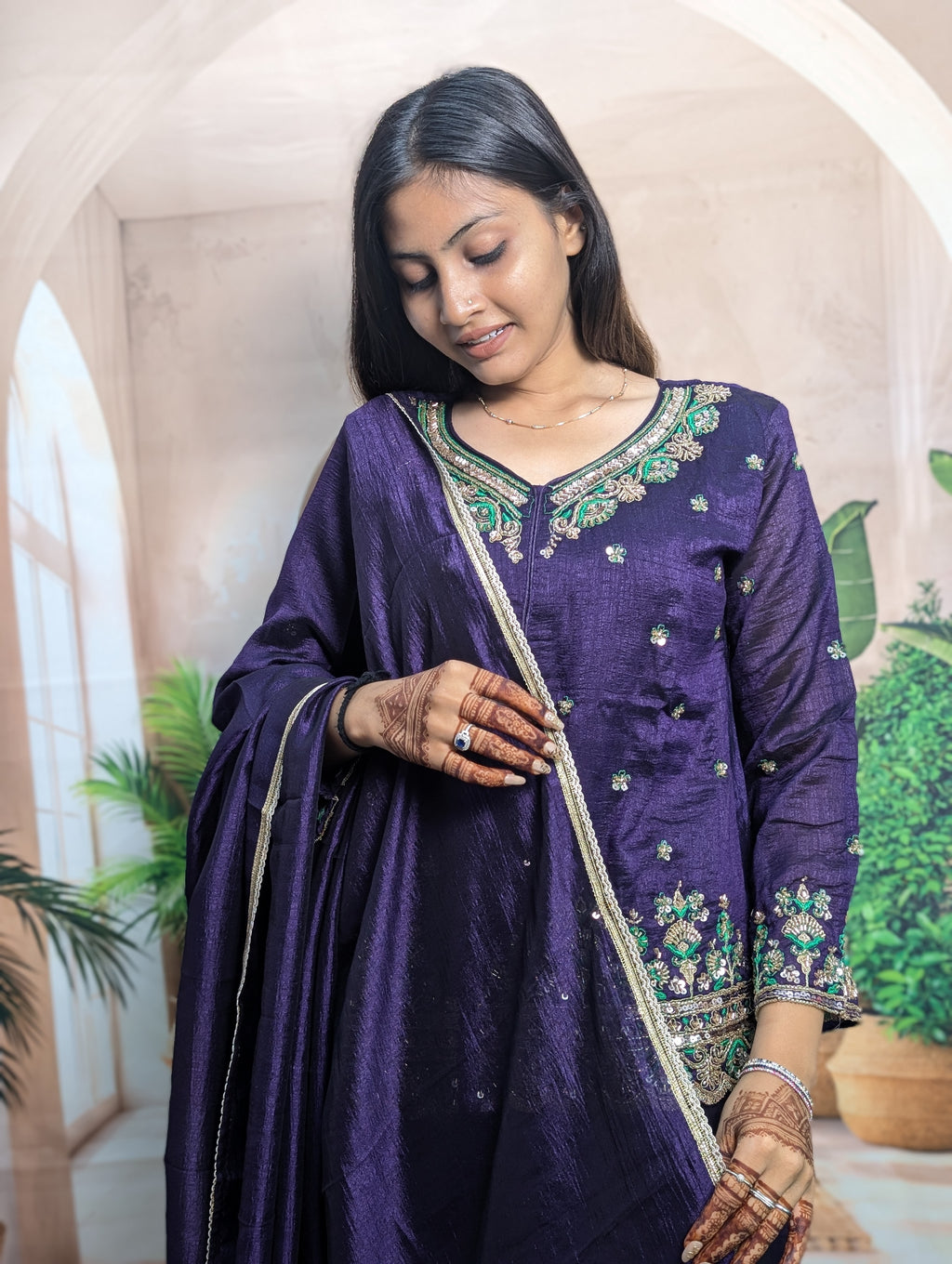 Elegant Purple Vichitra Embroidered Palazzo Suit Heavy Beads Work Detail on Premium Vichitra Fabric