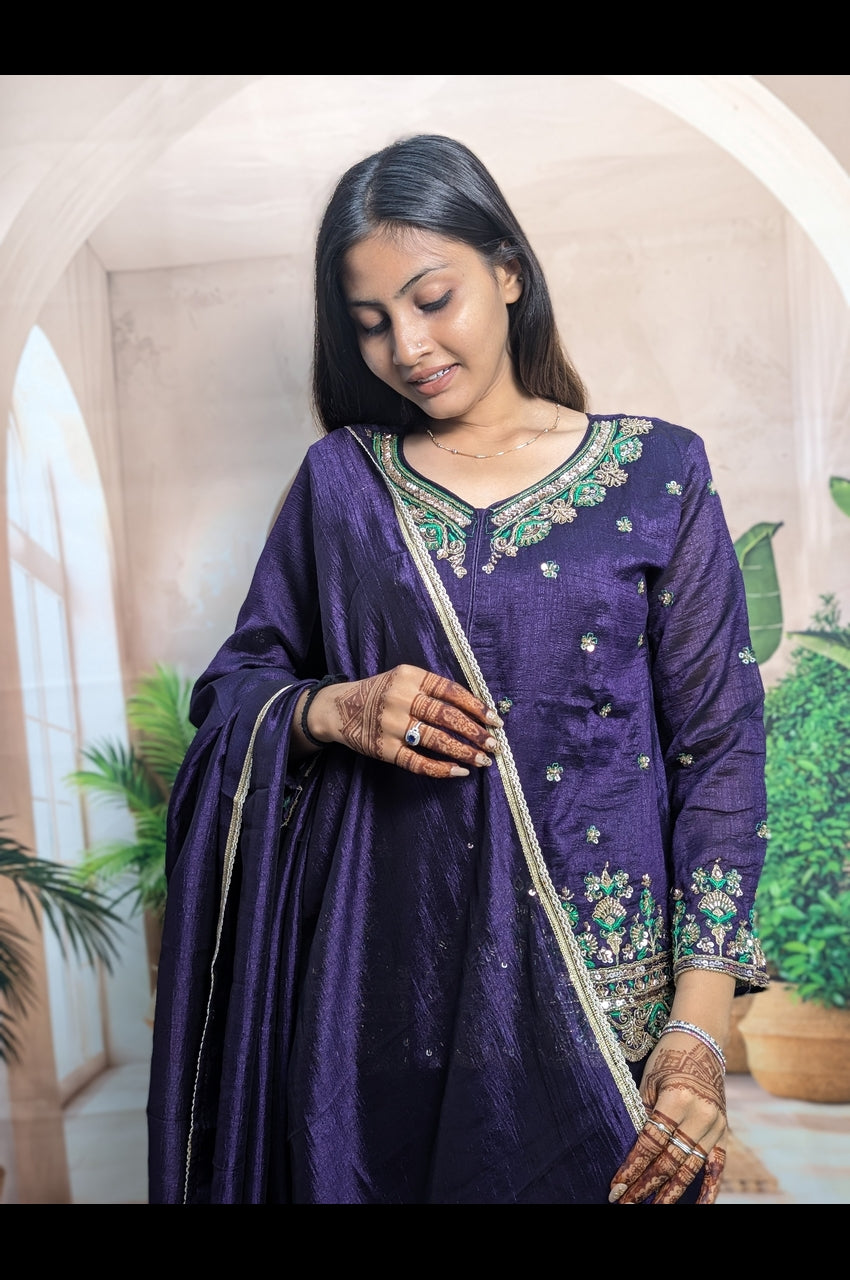 Elegant Purple Vichitra Embroidered Palazzo Suit Embroidery Work Detail on Premium Vichitra Fabric