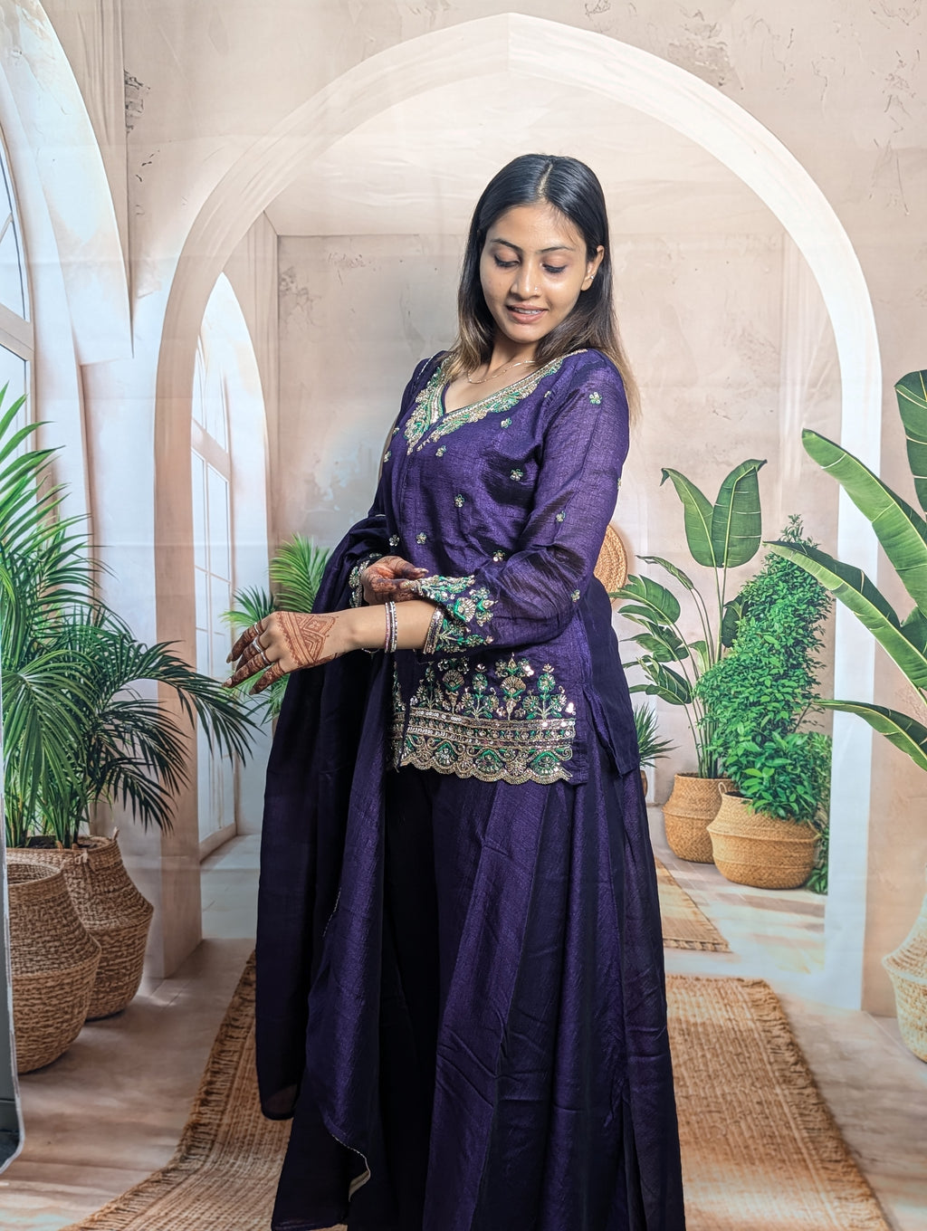 Elegant Purple Vichitra Embroidered Palazzo Suit Premium Vichitra Fabric Detail with Heavy Beads Work