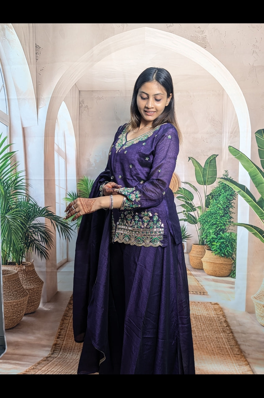 Elegant Purple Vichitra Embroidered Palazzo Suit Premium Vichitra Fabric Detail with Embroidery Work