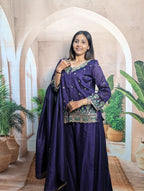 Elegant Purple Vichitra Embroidered Palazzo Suit for Women Front View with Heavy Beads Work and Fully Stitched Design