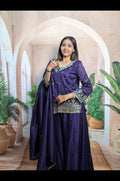 Elegant Purple Vichitra Embroidered Palazzo Suit for Women Front View with Fully Stitched Designer Ethnic Wear