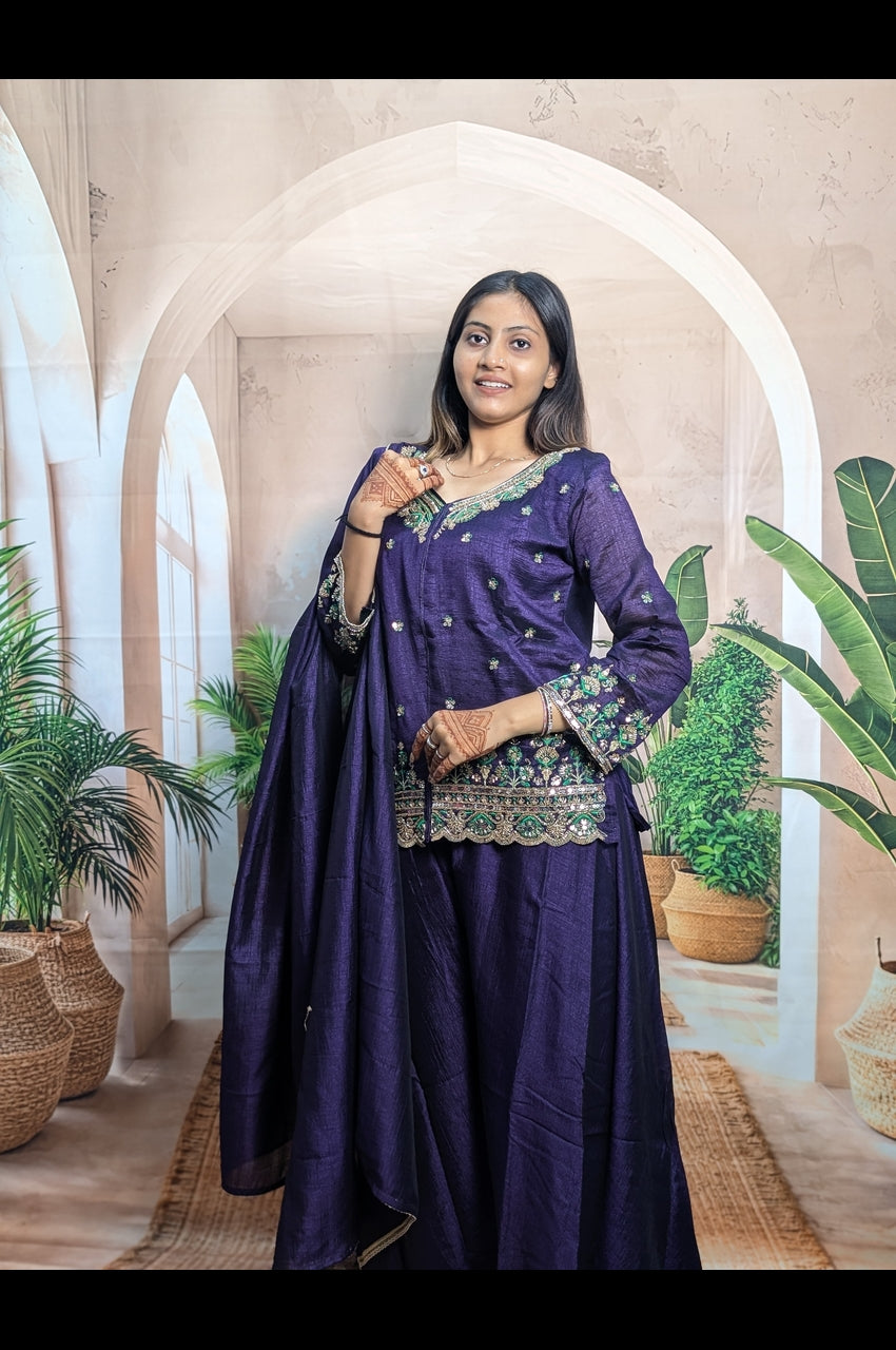Elegant Purple Vichitra Embroidered Palazzo Suit for Women Front View with Fully Stitched Designer Ethnic Wear