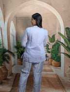 Premium elegant sky embroidered co-ord set back view for women with graceful designer fashion styling