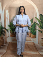 Premium elegant sky embroidered co-ord set for women with stylish Royal Siffon top and Roman Silk pant