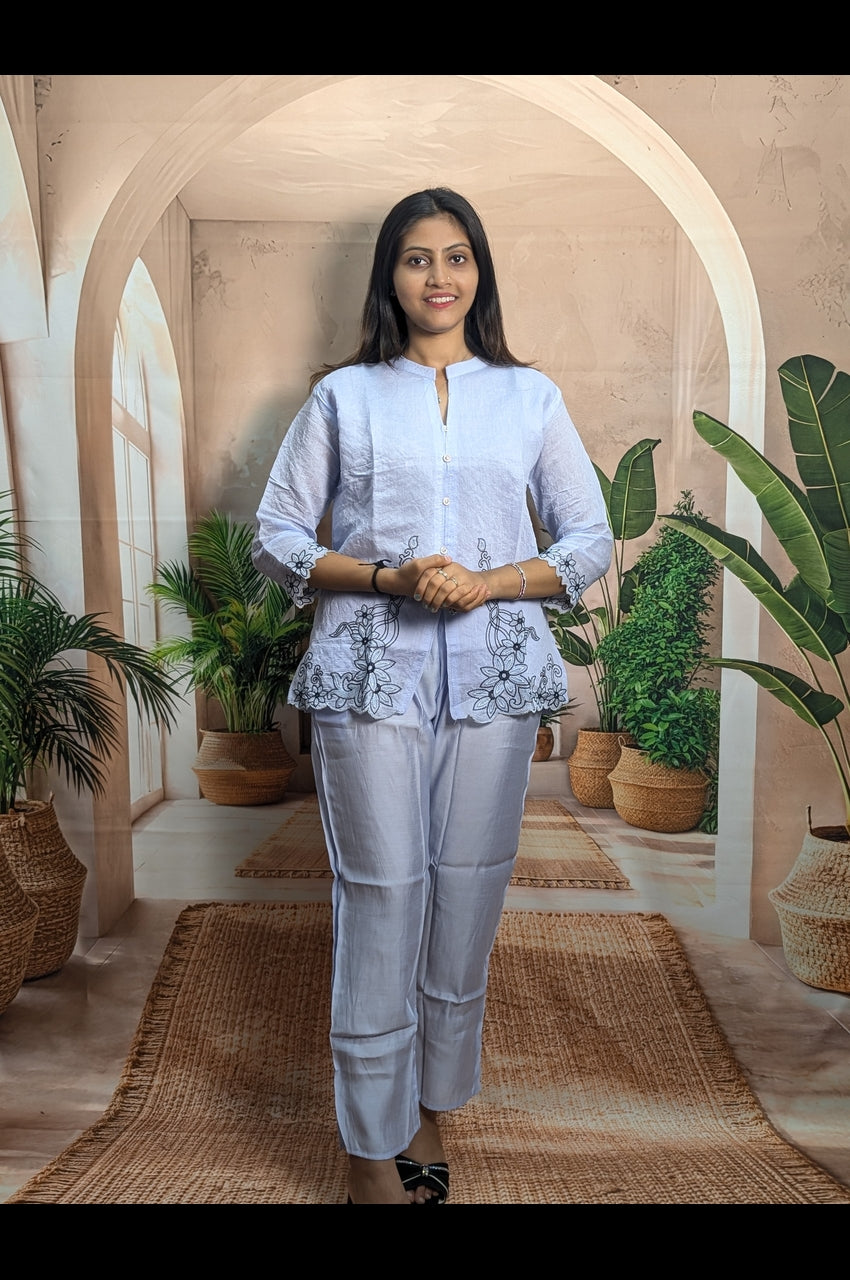 Elegant Sky Embroidered Co-Ord Set for Women in premium Royal Siffon with Roman Silk pant and embroidery work
