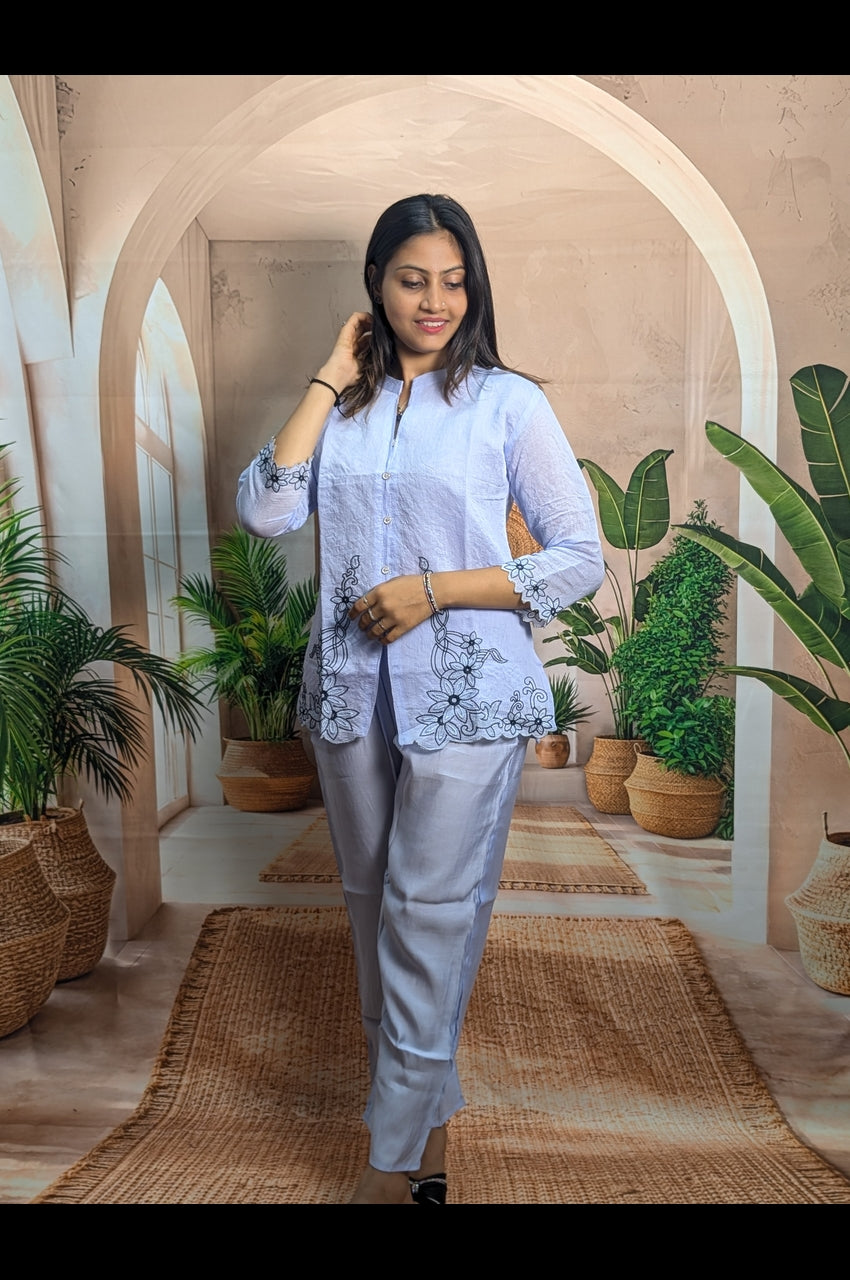 Elegant Sky Embroidered Co-Ord Set for Women full view with stylish festive and party wear fashion look