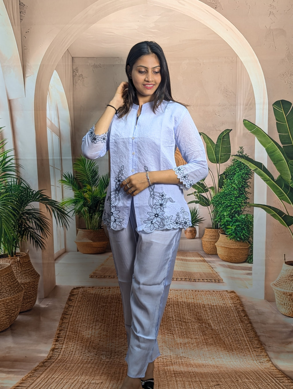 Premium elegant sky embroidered co-ord set full view for women with stylish party and festive wear look