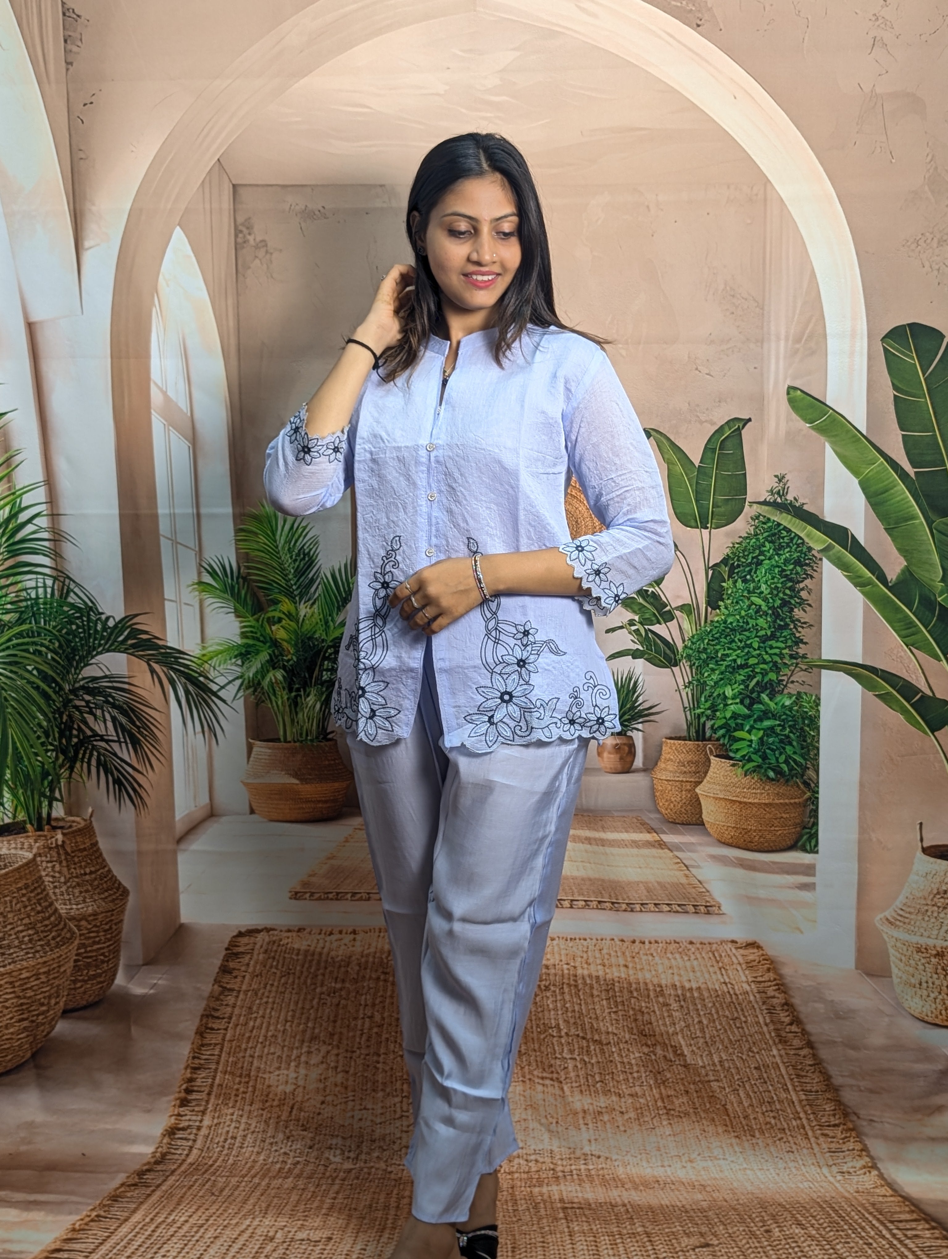 Premium elegant sky embroidered co-ord set full view for women with stylish party and festive wear look