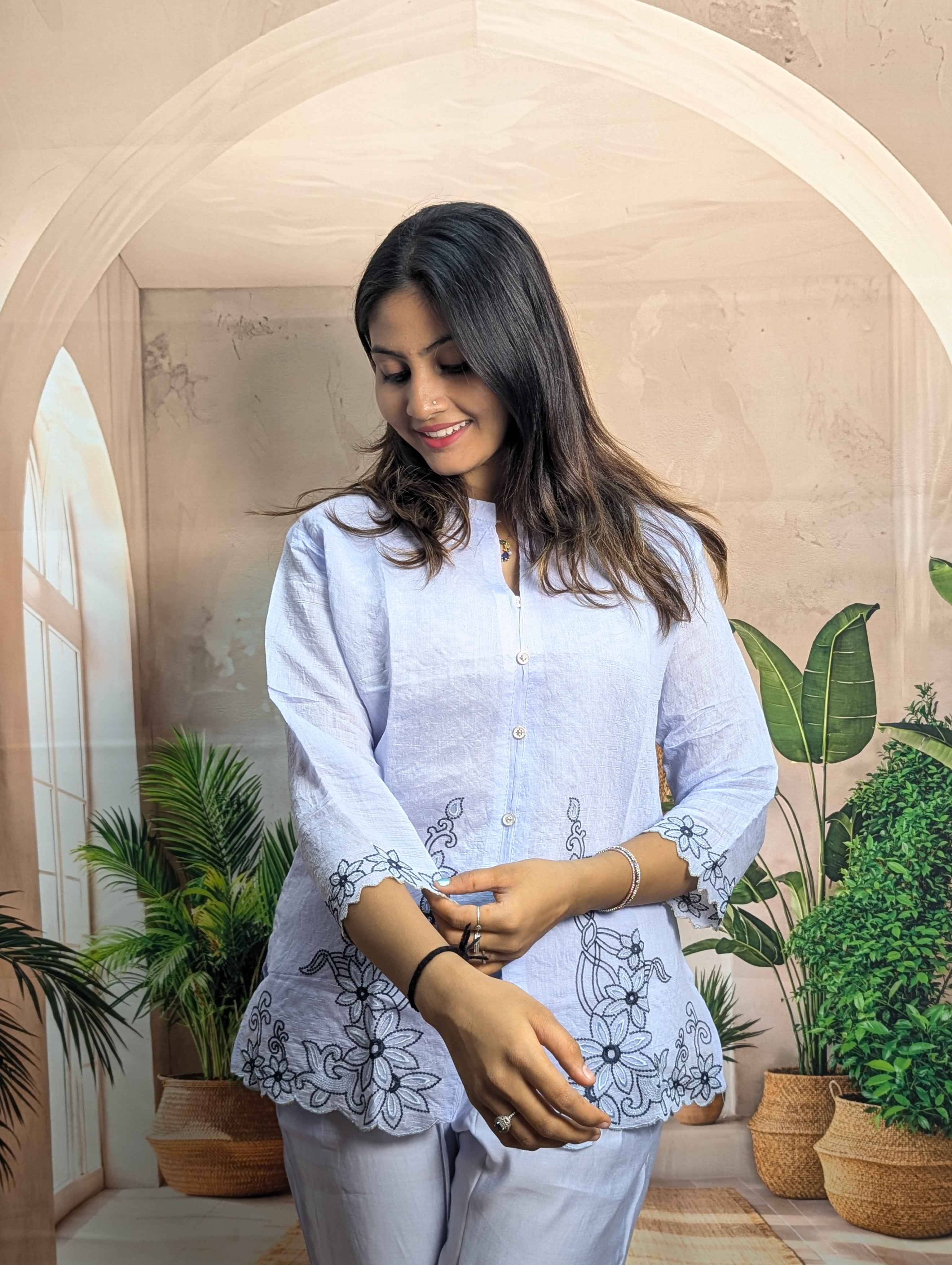 Premium elegant sky embroidered co-ord set sleeve view with detailed embroidery work on Royal Siffon fabric