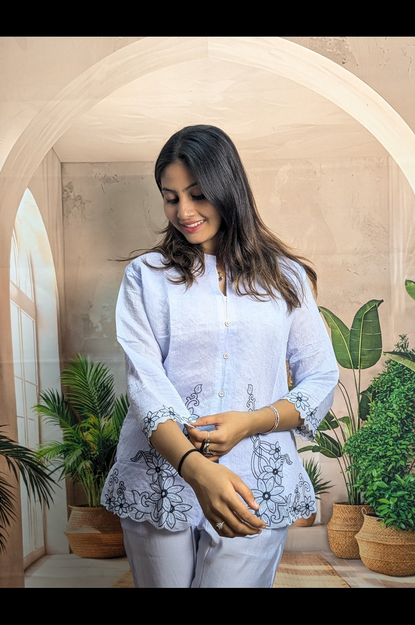Elegant Sky Embroidered Co-Ord Set for Women sleeve view with detailed embroidery work on Royal Siffon fabric