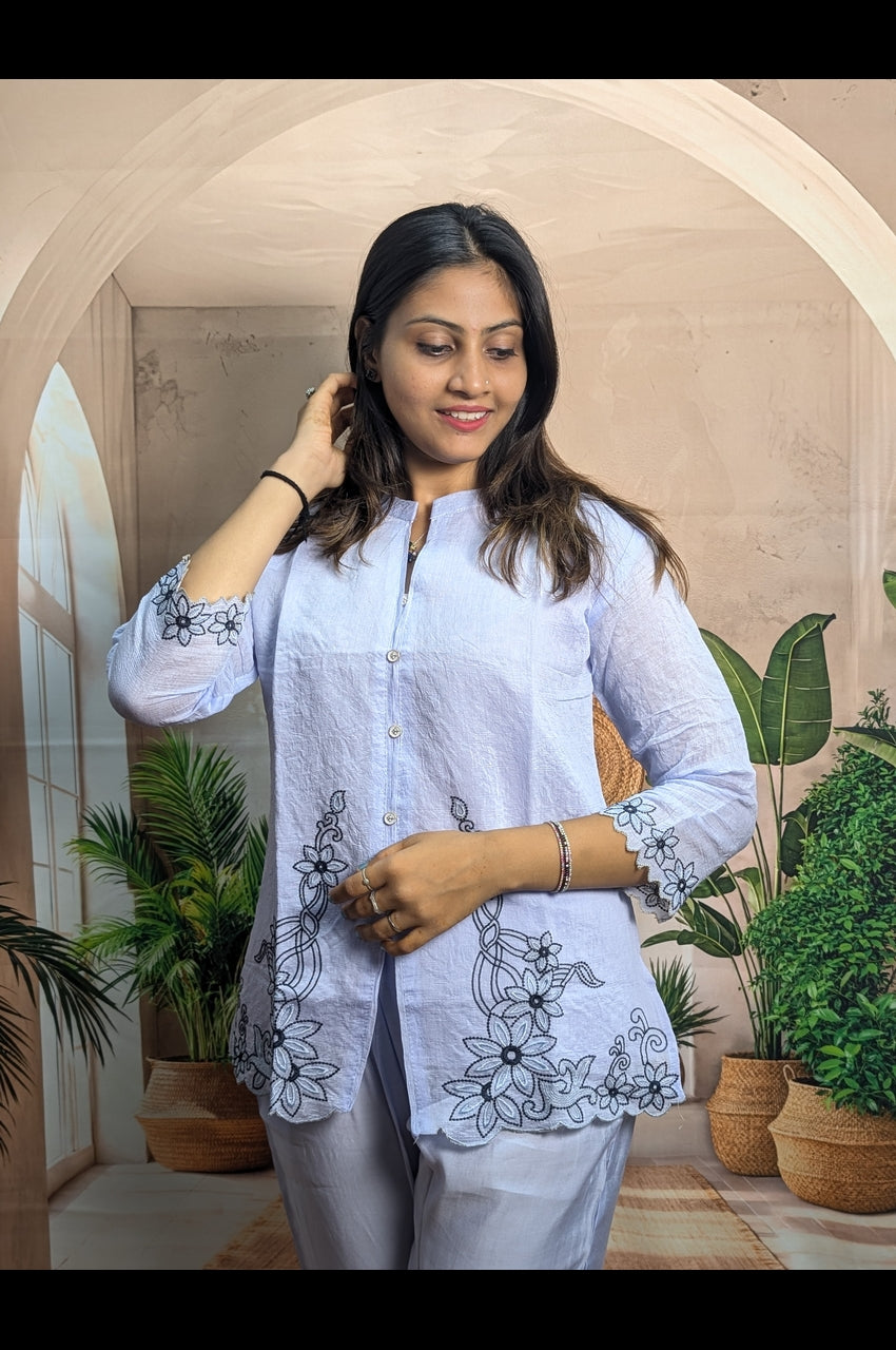 Elegant Sky Embroidered Co-Ord Set for Women with detailed embroidery work on premium Royal Siffon fabric