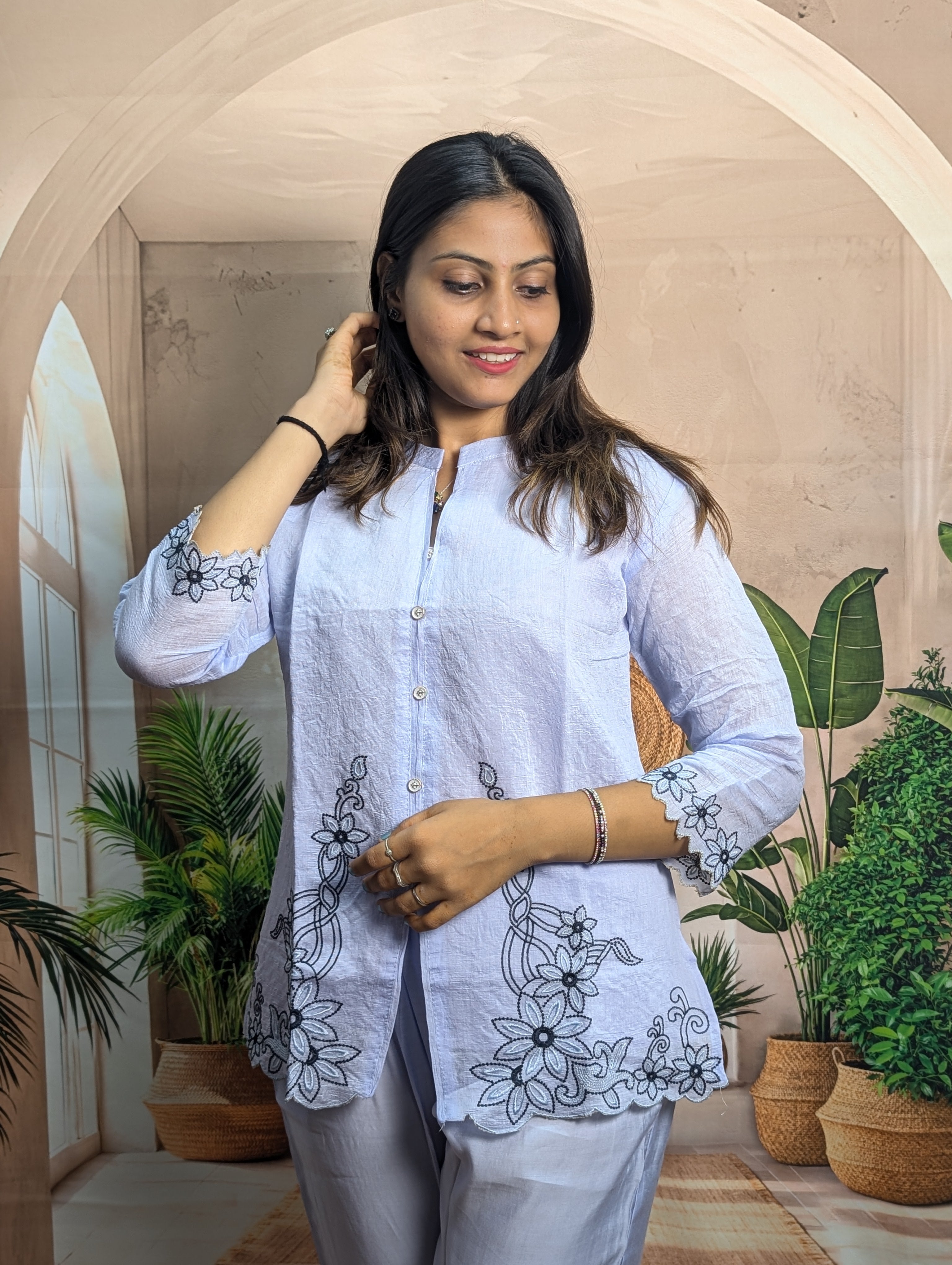 Premium elegant sky embroidered co-ord set work view with detailed embroidery on Royal Siffon fabric