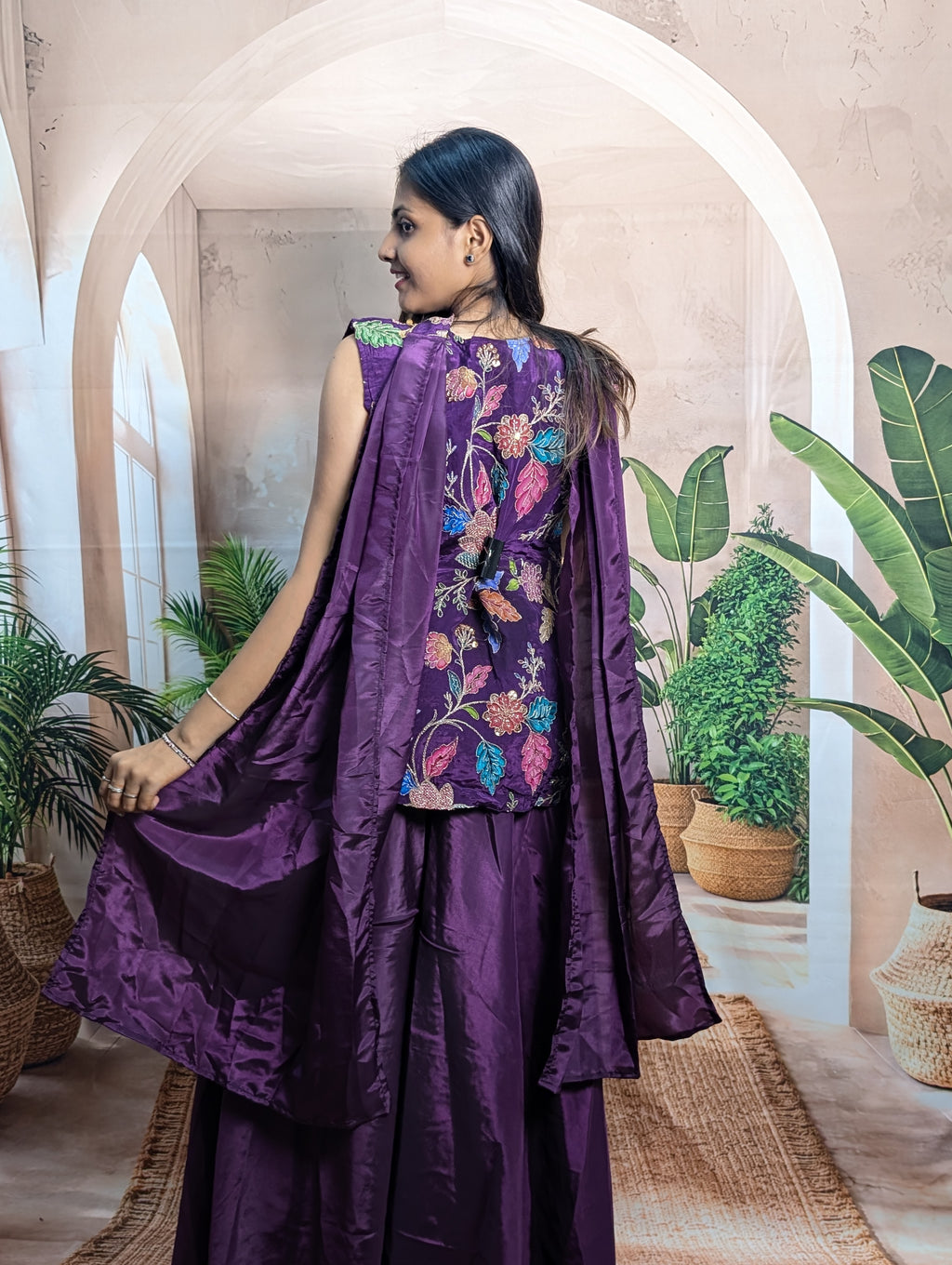 Premium fancy wine position print palazzo suit back view for women with elegant ethnic wear styling