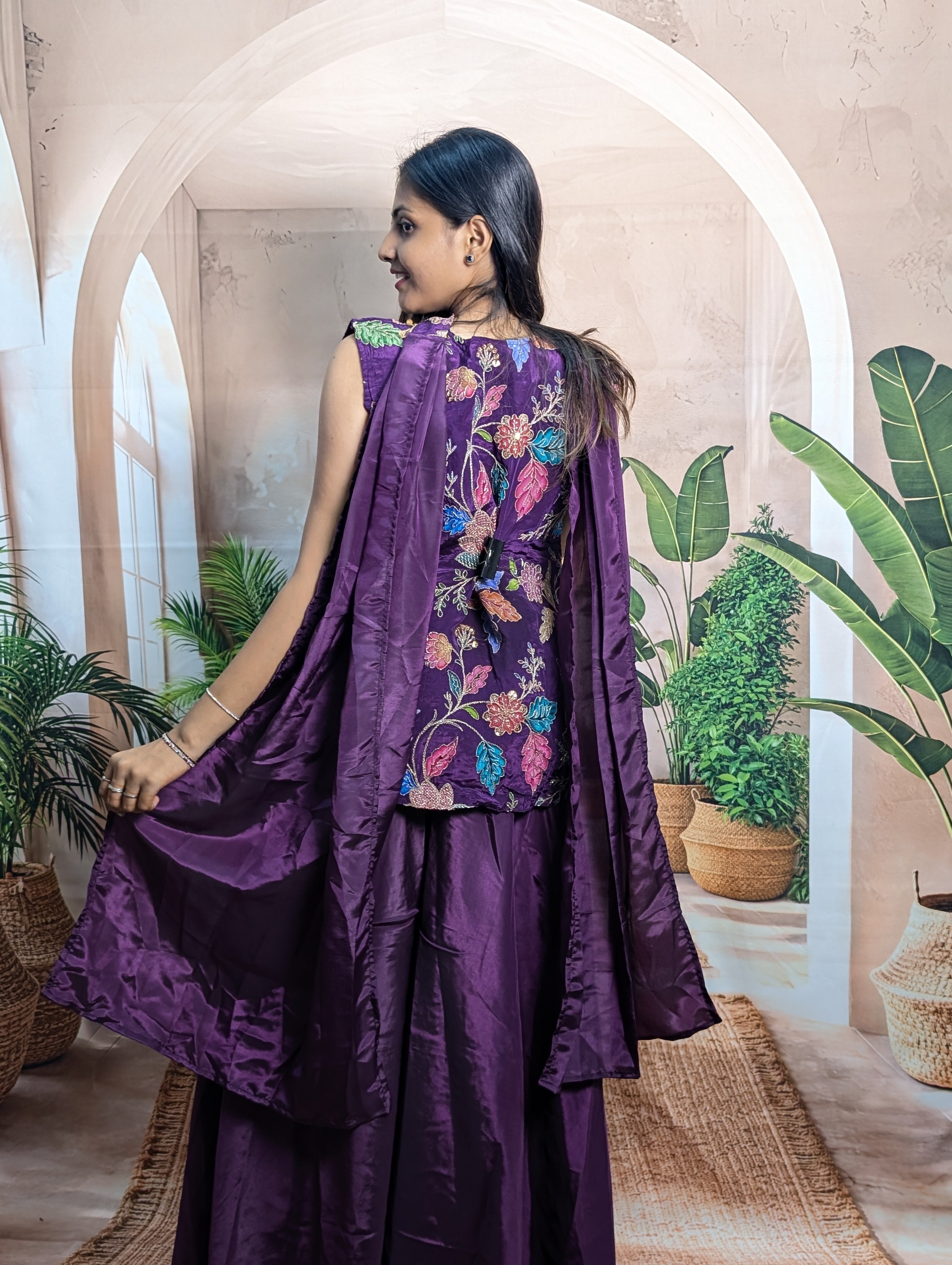 Premium fancy wine position print palazzo suit back view for women with elegant ethnic wear styling