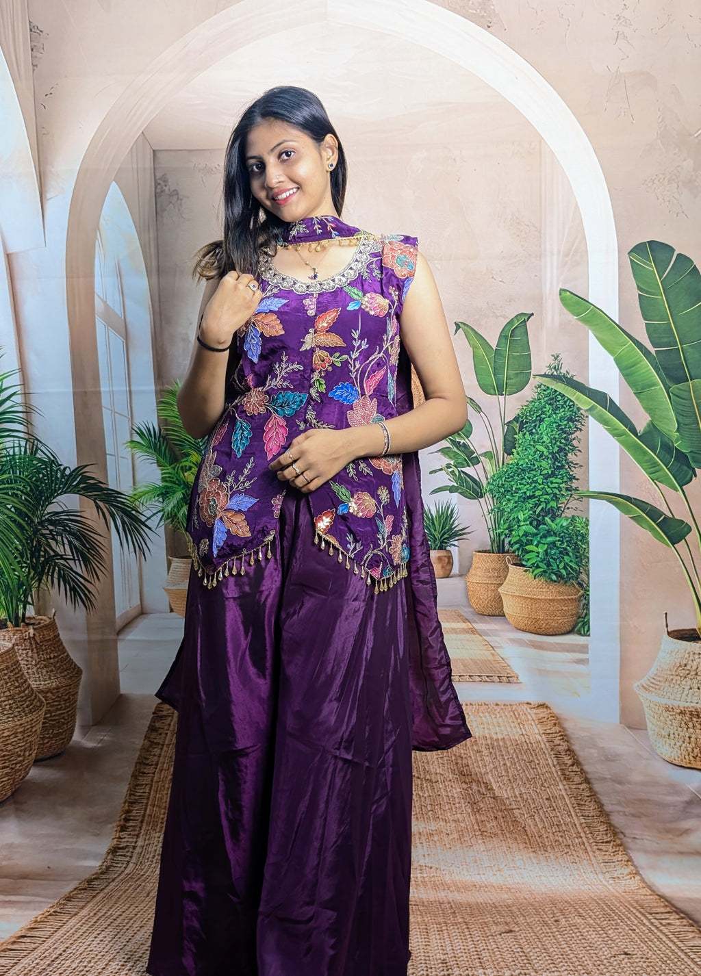 Premium fancy wine position print palazzo suit for women with elegant beads work and designer ethnic look