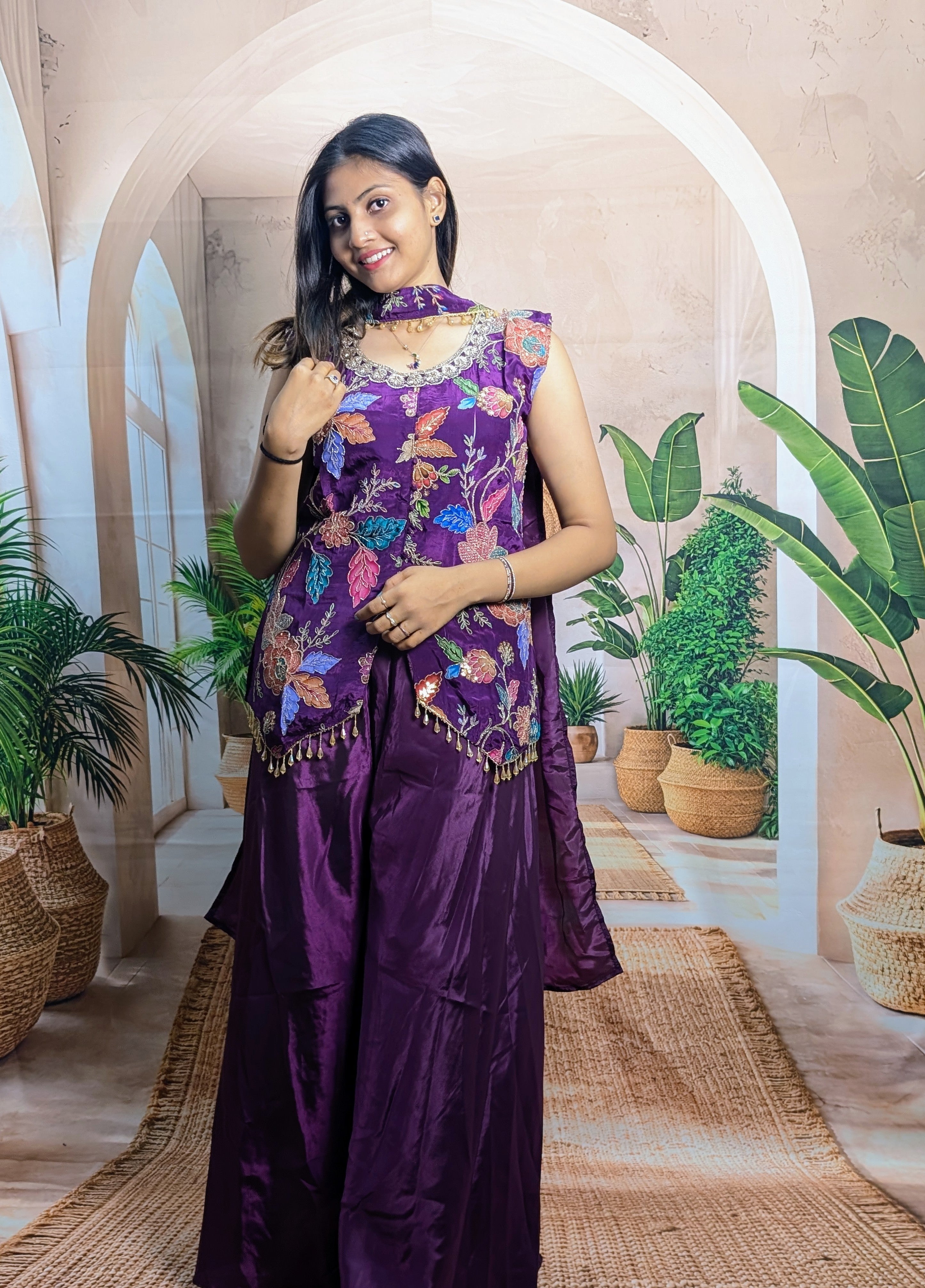 Premium fancy wine position print palazzo suit for women with elegant beads work and designer ethnic look