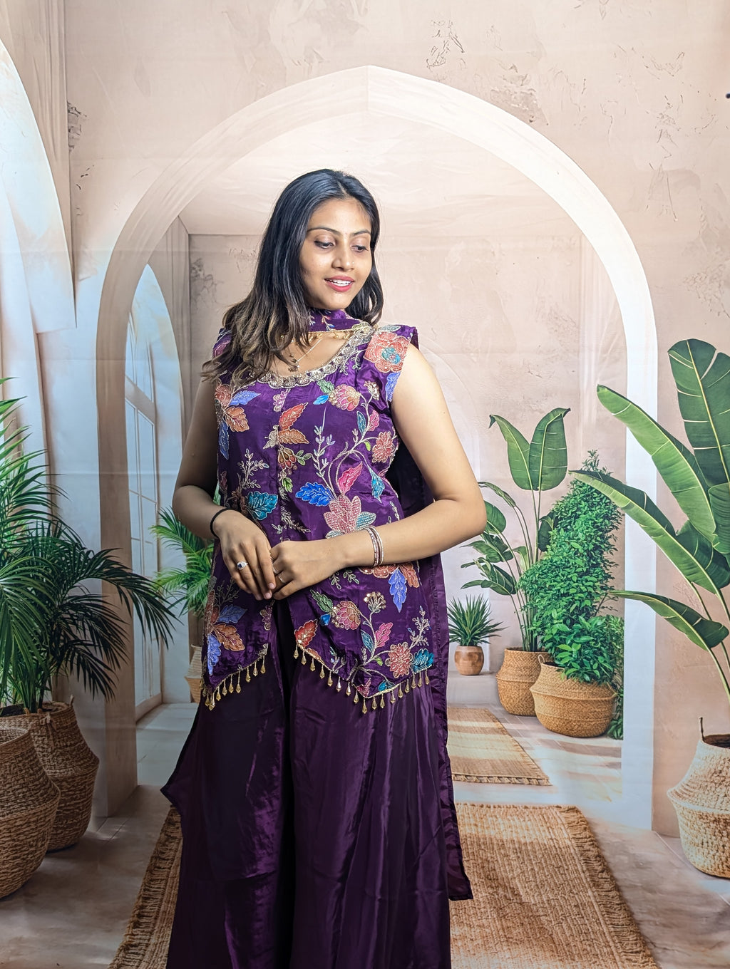Premium fancy wine position print palazzo suit side view for women with stylish ethnic design
