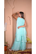 Firozi designer plazo set back view with fancy dupatta elegant festive wear for women