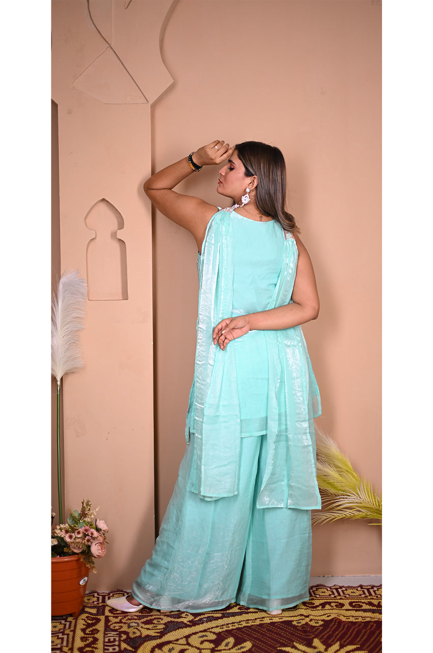 Firozi designer plazo set back view with fancy dupatta elegant festive wear for women