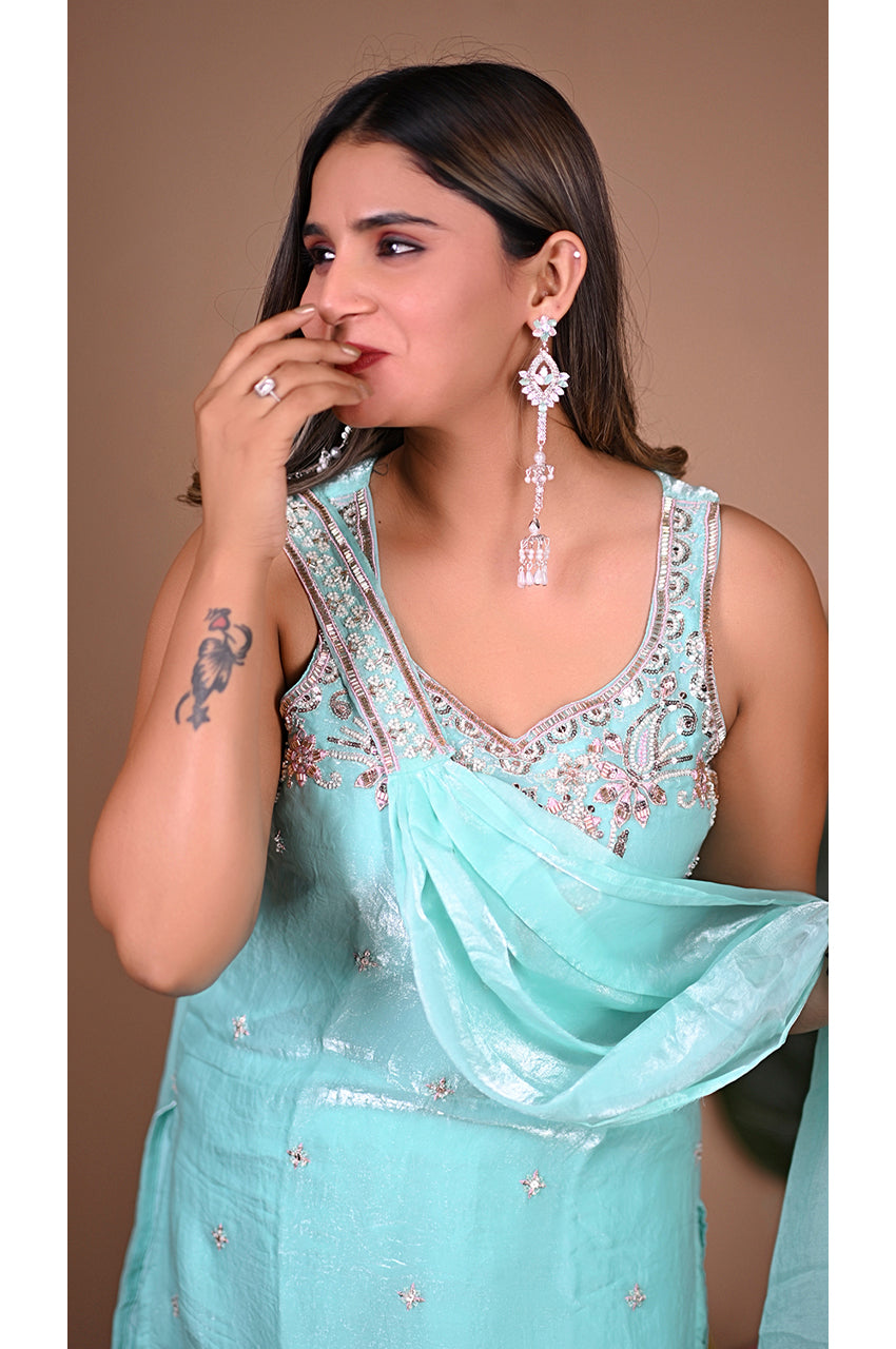 Firozi plazo set dupatta look with trendy fancy dupatta ethnic party wear for women