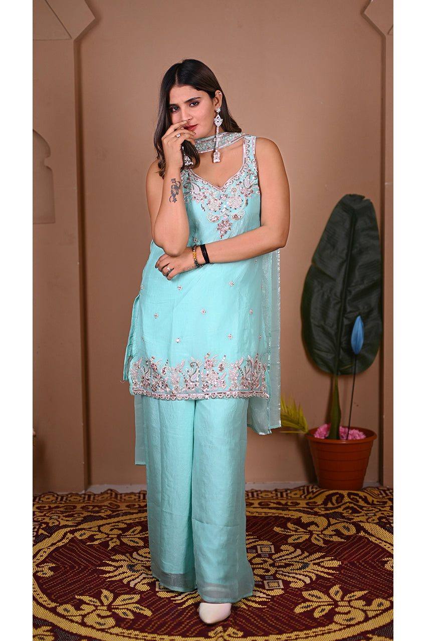 Firozi plazo set for women front view with fancy dupatta designer ethnic wedding wear