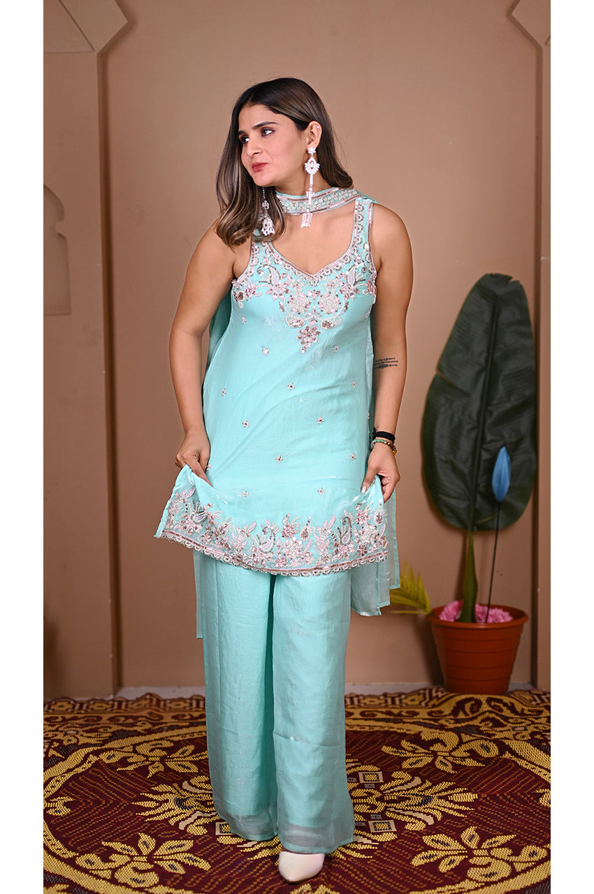 Firozi plazo detail view with heavy beads work designer ethnic wear for wedding use