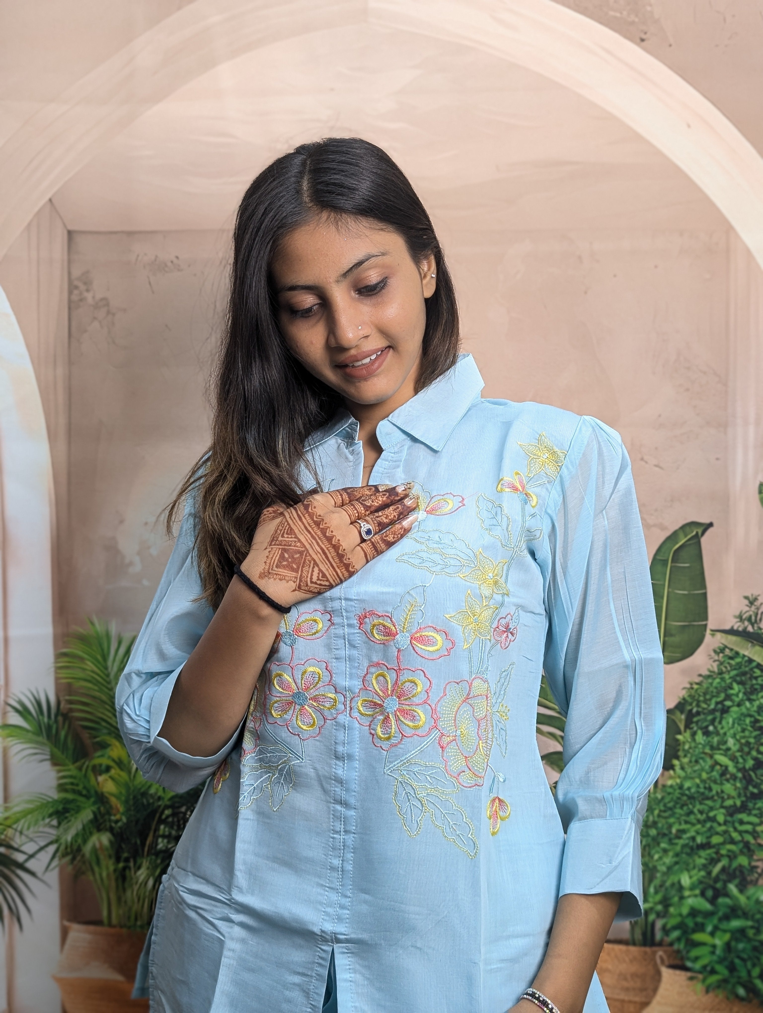 Close up view of Elegant Firozi Mal Chanderi Co-Ord Set for Women showing premium fabric and stylish design