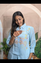 Elegant Firozi Mal Chanderi Co-Ord Set Close Up Showing Premium Mal Chanderi Fabric and Embroidery Work