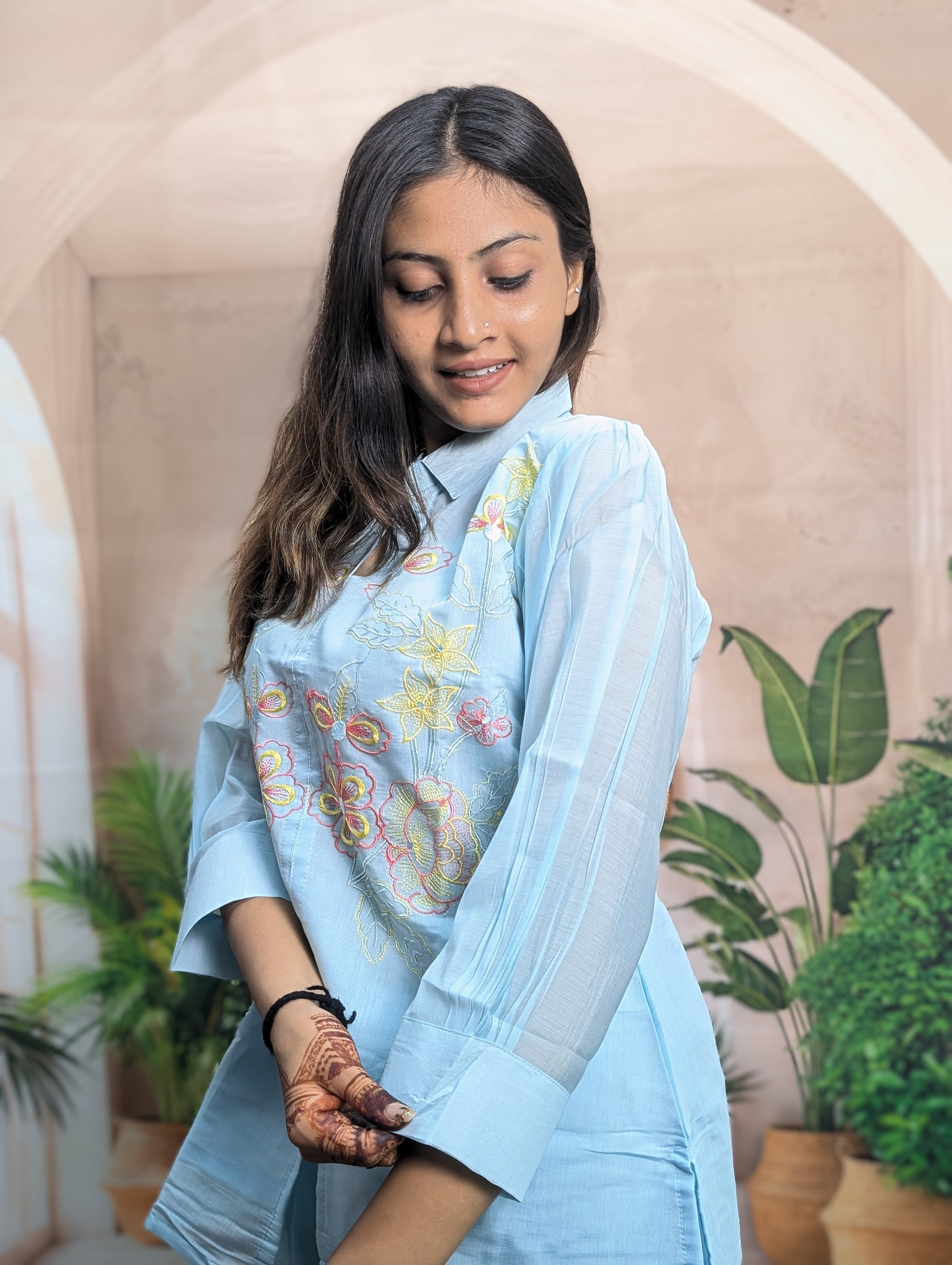 Stylish design detail of Elegant Firozi Mal Chanderi Co-Ord Set for Women with premium ethnic fashion look