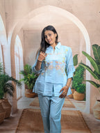 Premium Mal Chanderi fabric detail of Elegant Firozi Co-Ord Set for Women with soft texture and elegant finish