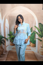 Elegant Firozi Mal Chanderi Co-Ord Set for Women Front View with Embroidery Work and Fully Stitched Design