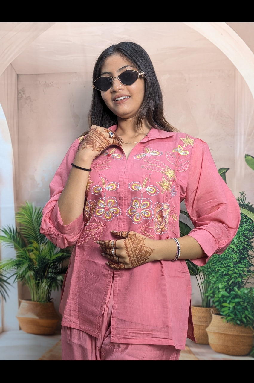 Stylish Gajari Mal Chanderi Co-Ord Set Close Up Showing Premium Mal Chanderi Fabric and Embroidery Work