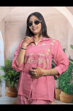 Stylish Gajari Mal Chanderi Co-Ord Set Close Up Showing Premium Mal Chanderi Fabric and Embroidery Work