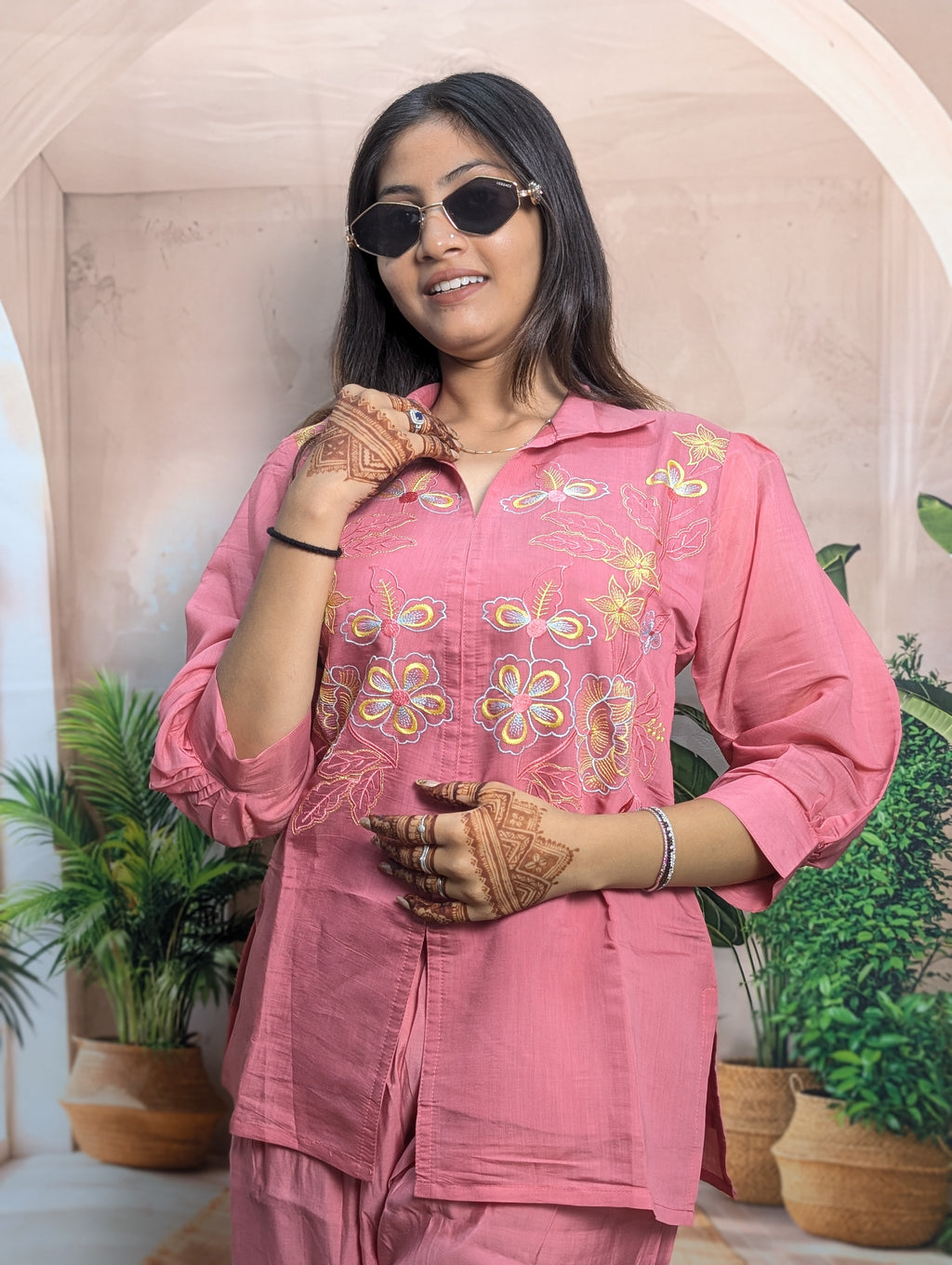 Gajari Mal Chanderi Co-Ord Set Close Up Showing Premium Mal Chanderi Fabric and Elegant Embroidery Work