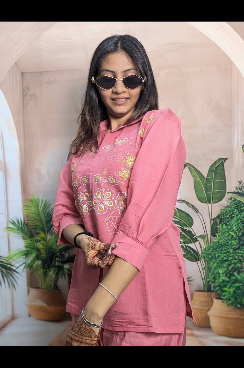 Stylish Gajari Mal Chanderi Co-Ord Set Embroidery Work Detail on Premium Mal Chanderi Fabric