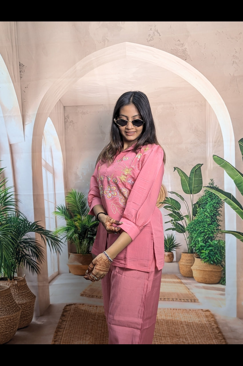 Stylish Gajari Mal Chanderi Co-Ord Set Premium Mal Chanderi Fabric Detail with Embroidery Work