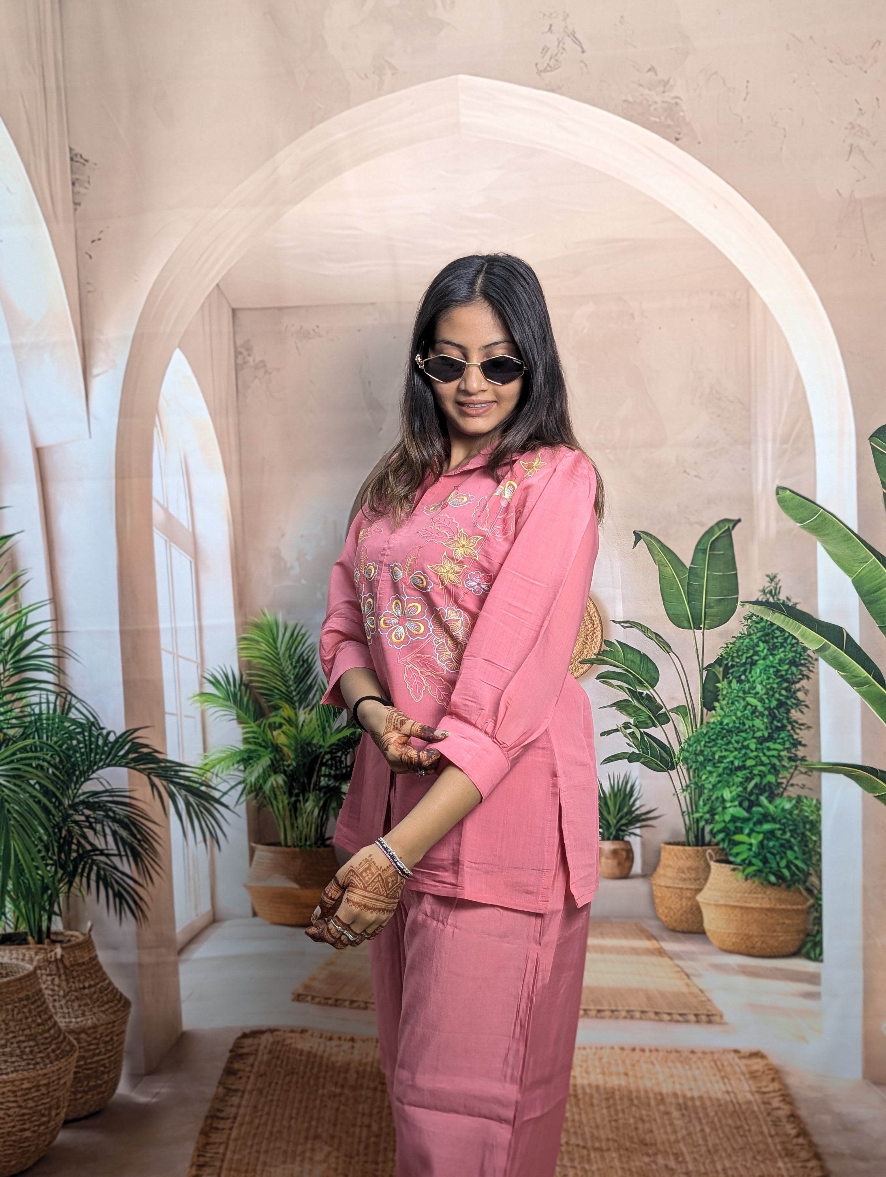 Gajari Mal Chanderi Co-Ord Set Premium Mal Chanderi Fabric Detail with Elegant Embroidery Work