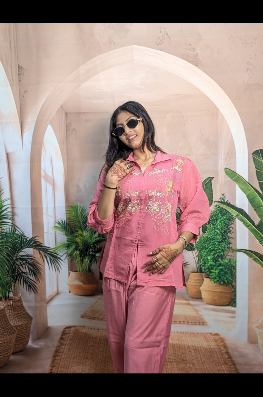Stylish Gajari Mal Chanderi Co-Ord Set for Women Front View with Elegant Embroidery Work and Fully Stitched Design