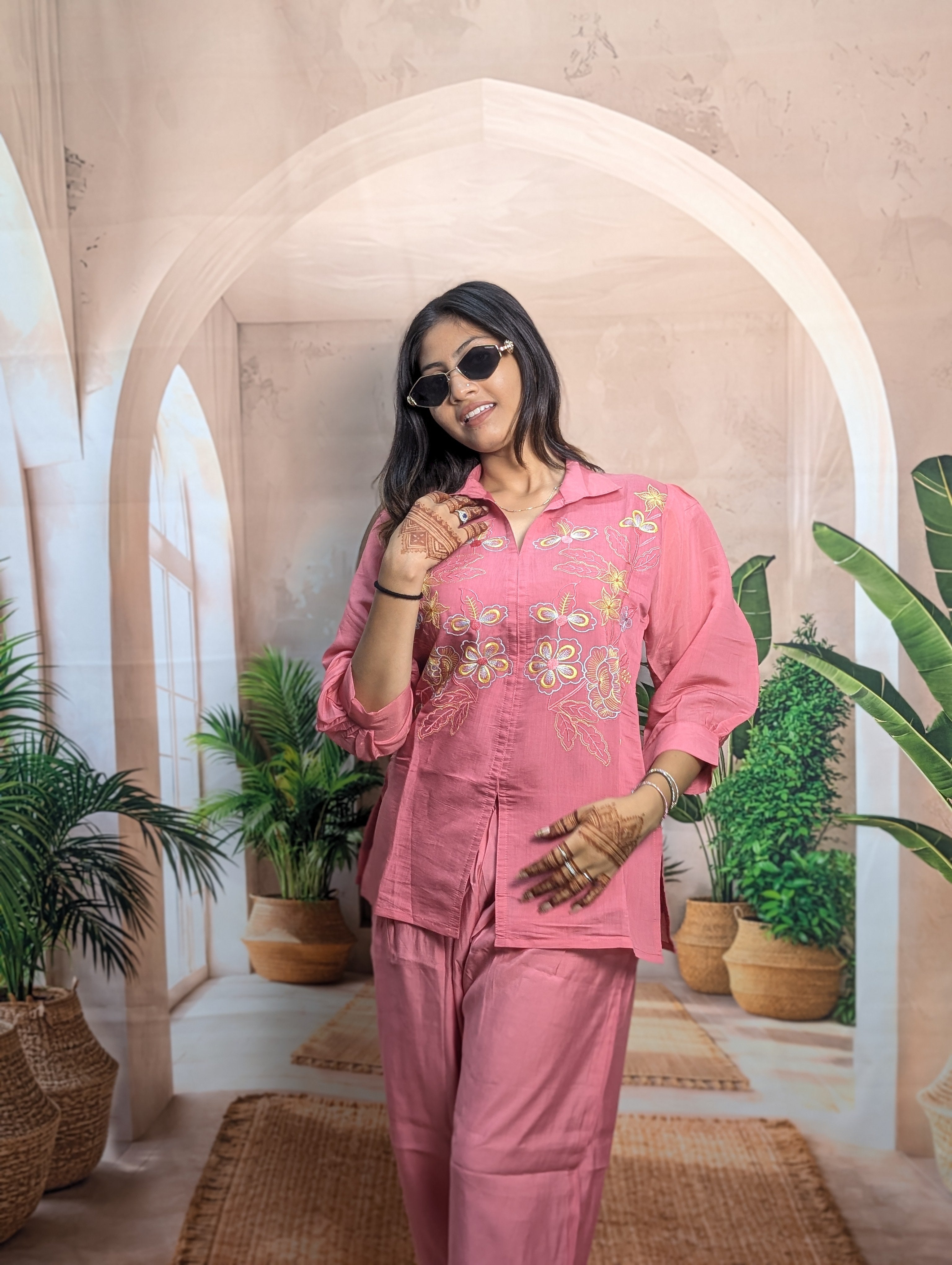 Gajari Mal Chanderi Co-Ord Set for Women Front View with Elegant Embroidery Work and Fully Stitched Design