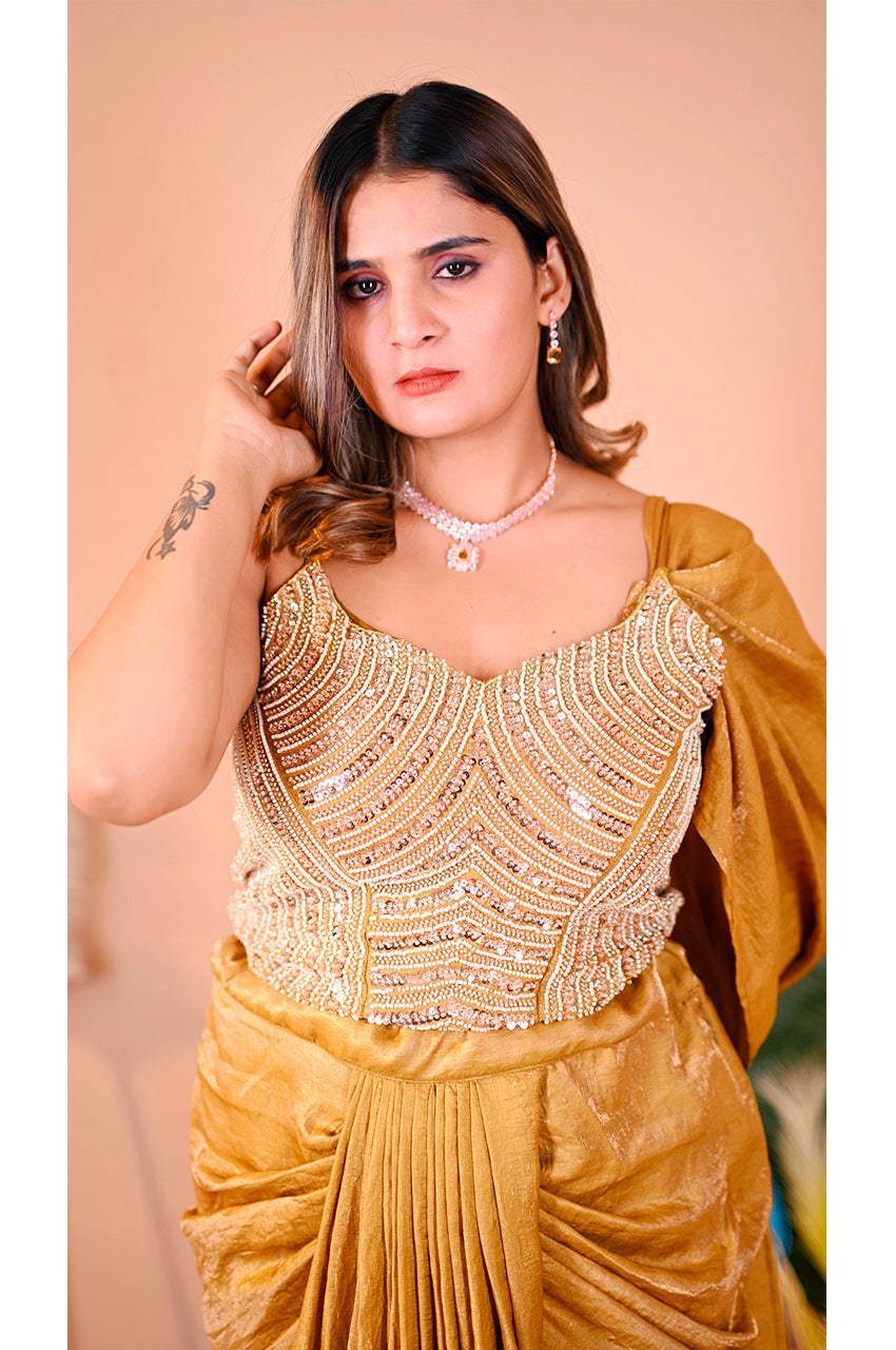 Golden Indo Western Skirt Set Designer Blouse Detail with Beads Work for Women Wedding and Party Wear