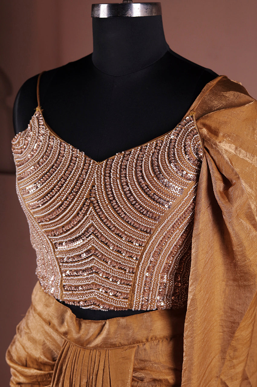 Golden Indo Western Skirt Set Blouse Real Look with Beads Work for Women Wedding and Party Wear Outfit