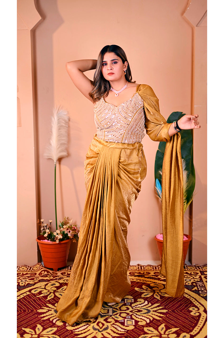 Golden Indo Western Skirt Set with Dupatta Look for Women Stylish Wedding and Party Wear Outfit