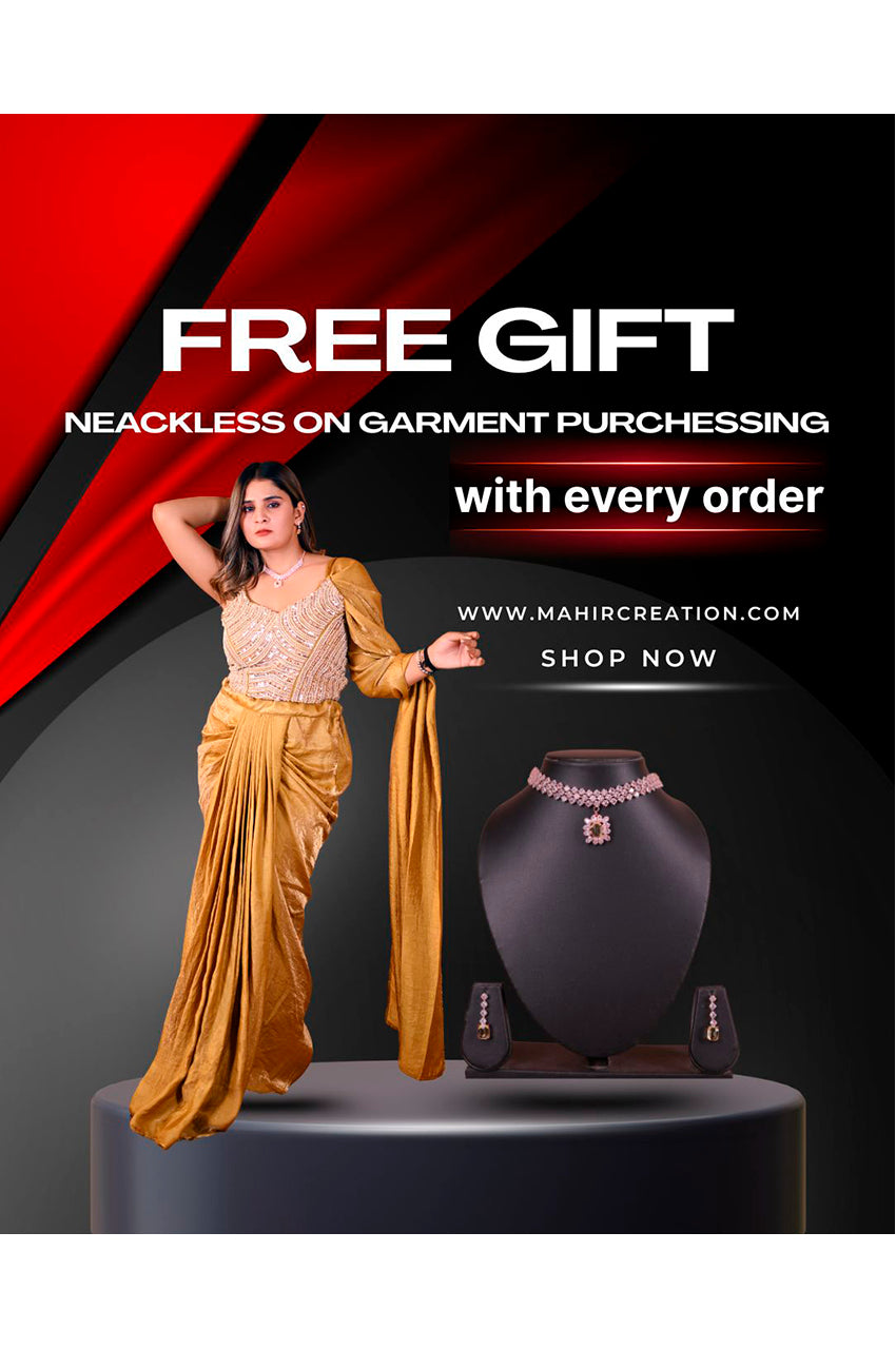 Golden Indo Western Skirt Set with Free Necklace Gift for Women Designer Wedding and Party Wear Outfit